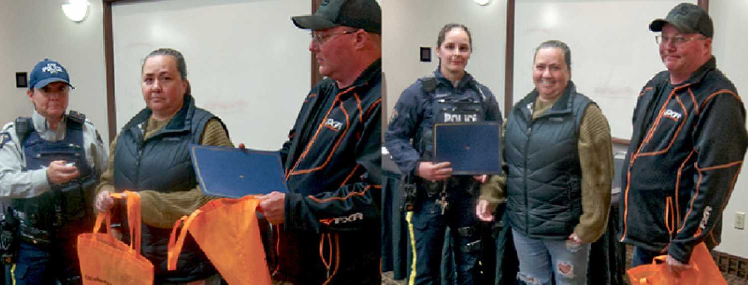 Left: Quentin and Michelle Wilson of MADD Kipling present Cst. Trina Brace with the MADD Canada Van de Vorst Family Award. Right, Cst. Bella Pomeroy receives a MADD Canada Van de Vorst Family Award from Quentin and Michelle Wilson of MADD Kipling.